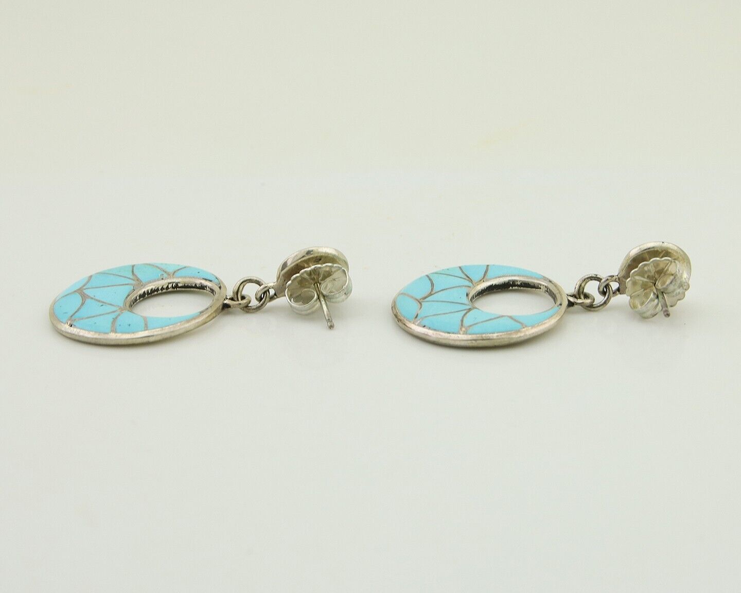 Zuni Dangle Earrings 925 Silver Natural Blue Turquoise Signed ELB C.80's