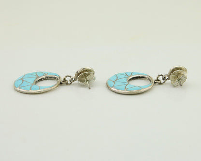 Zuni Dangle Earrings 925 Silver Natural Blue Turquoise Signed ELB C.80's