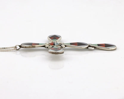Zuni Cross Necklace 925 Silver Gemstone Artist Signed Zeno & Maryann Edaaki C80s