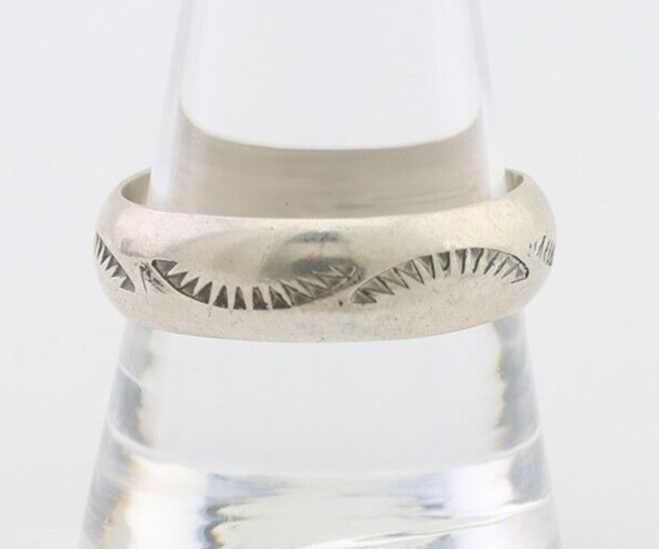 Navajo Hand Stamped Band 925 Silver 6.0 mm Signed Larry Chavez Size 10 C.80's