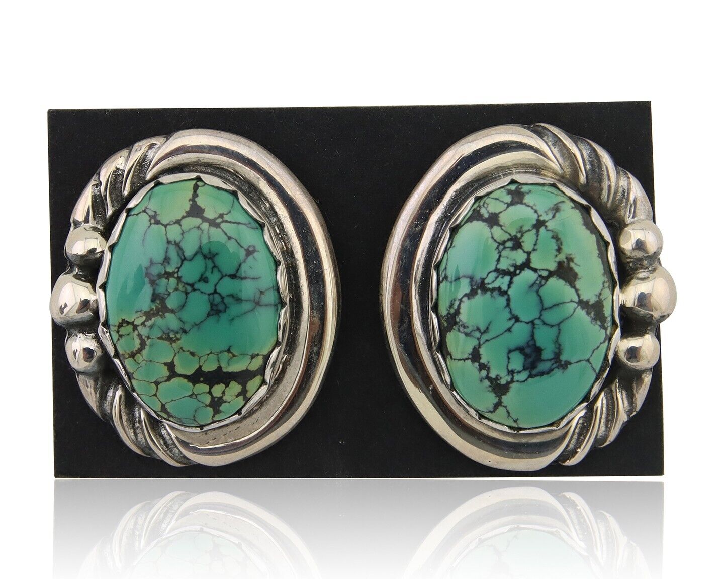 Navajo Earrings 925 Blue Spiderweb Turquoise Native American Artist C.80's