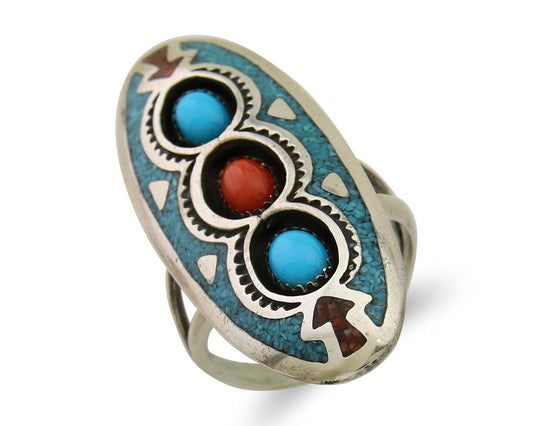 Navajo Handmade Ring 925 Silver Coral & Turquoise Signed Circle JW C.80's