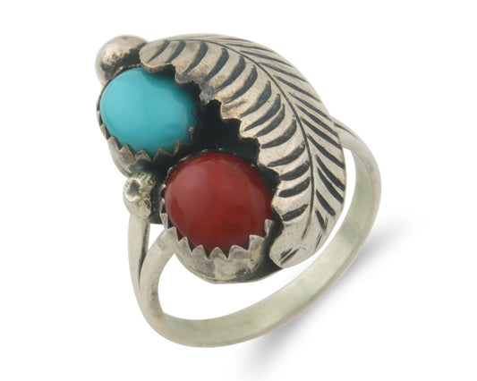 Navajo Ring 925 Sterling Natural Coral & Turquoise Signed BB C.80's Size 5.0