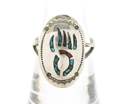 Navajo Bagger Paw Ring Sterling Silver Natural Gemstone Vintage Size 6.0