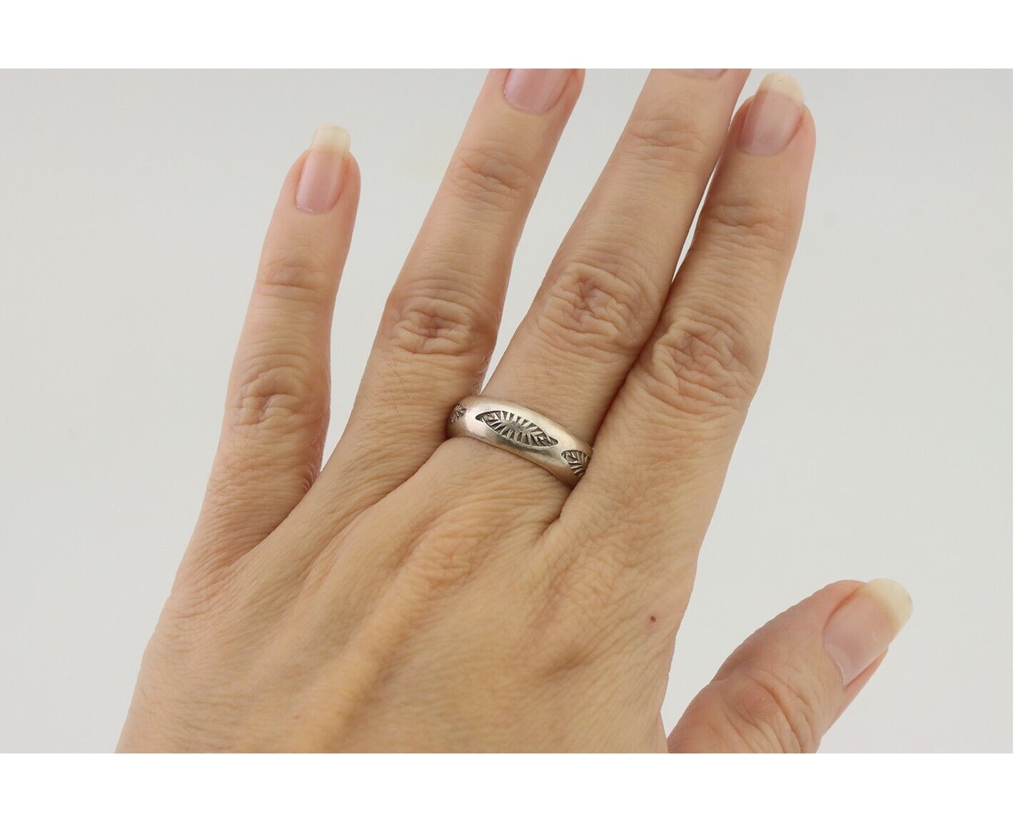 Navajo Hand Stamped Band 925 Silver 6.0 mm Signed Larry Chavez Size 7.75 C.80's