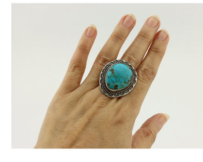 Navajo Ring 925 Silver Natural Turquoise Native Artist Signed KH C.80's