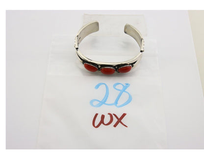 Navajo Bracelet .925 Silver Red Coral Cuff Signed Charles Johnson C.80's