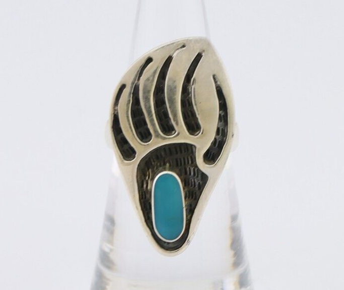 Navajo Badger Paw Ring 925 Silver Turquoise Native American Artist C.80's