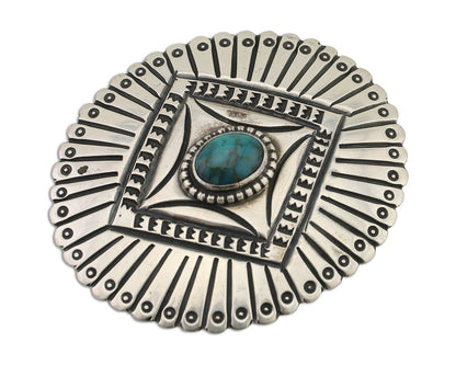Navajo Pin 925 Silver Natural Turquoise Hand Stamped Native Artist C.80's