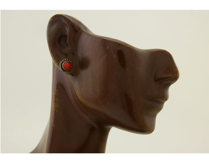 Navajo Earrings 925 Silver Natural Red Coral Native American Artist C.80's