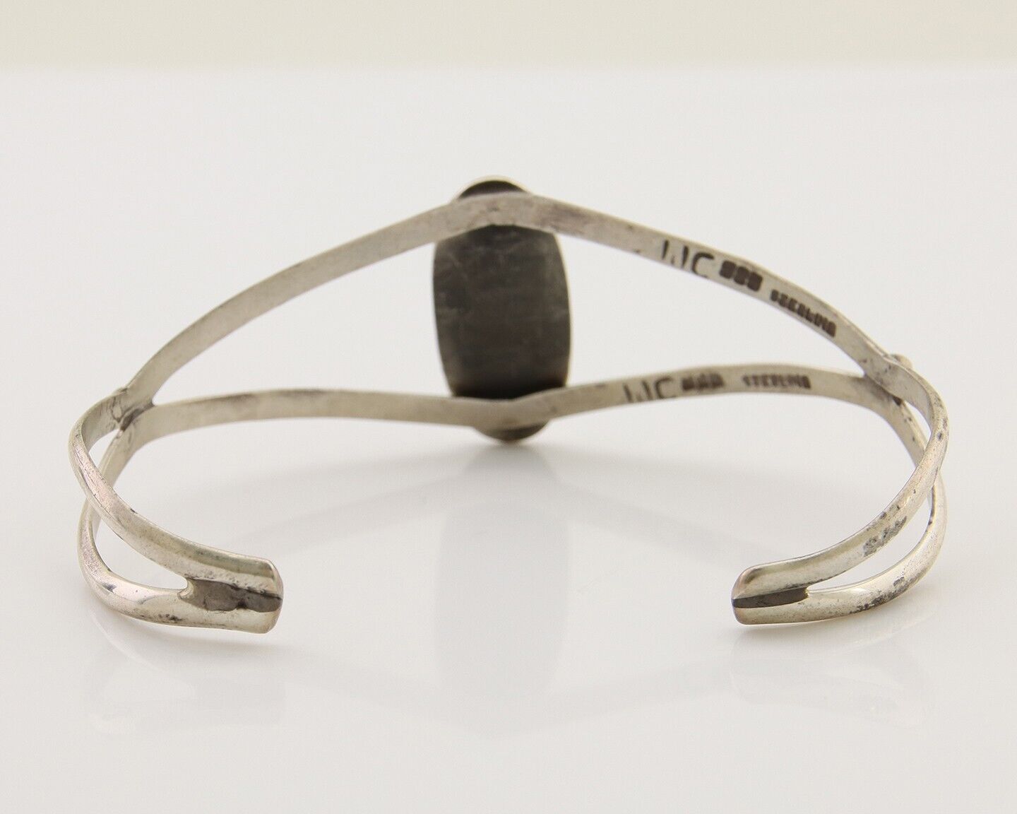 Navajo Hand Stamped Cuff Bracelet Malachite 925 Silver Artist Signed IJC C.80's