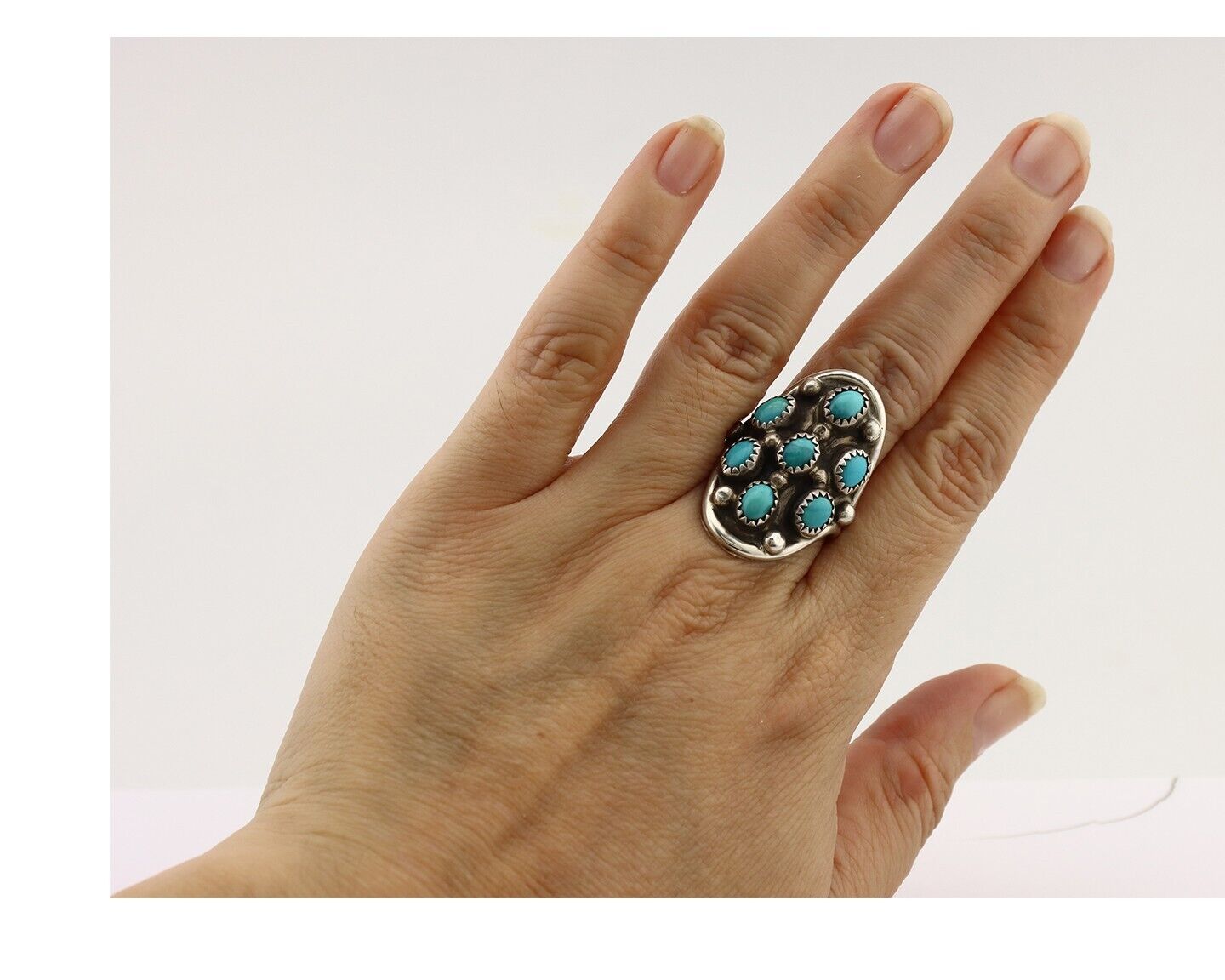 Navajo Ring .925 Silver Natural Blue Turquoise Signed L Henderson C.80's