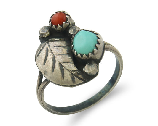 Vintage Navajo Ring 925 Sterling Silver Authentic Turquoise & Coral Size 6.5