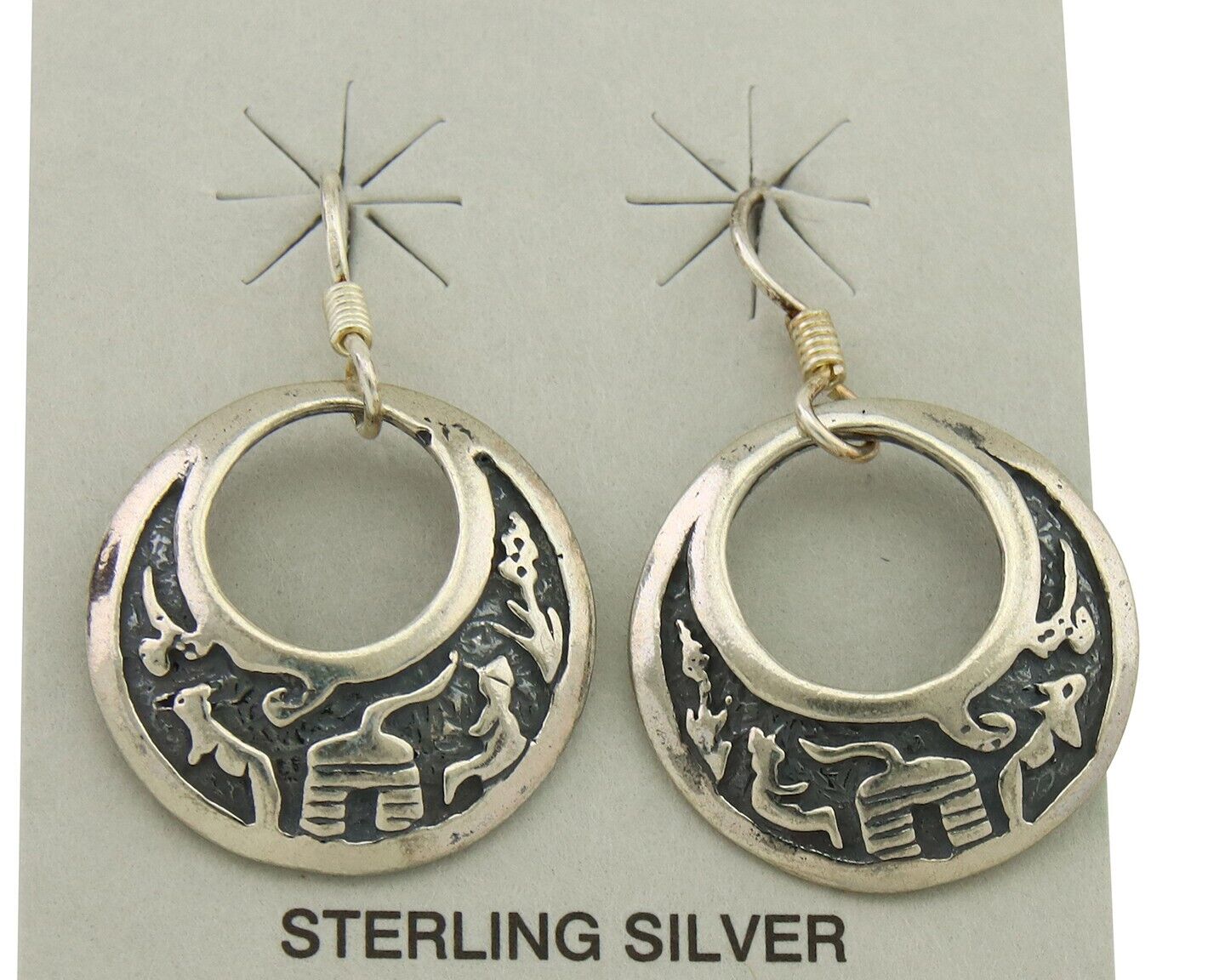 Navajo Earrings 925 Silver Dangle Pictograph Native American Artist C.80's