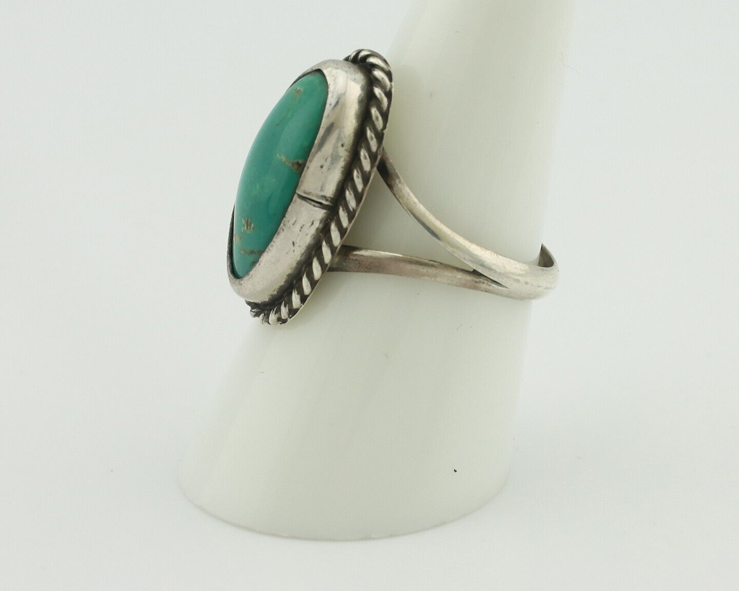 Navajo Ring .925 Silver Natural Green Kingman Turquoise Native Signed C.80's