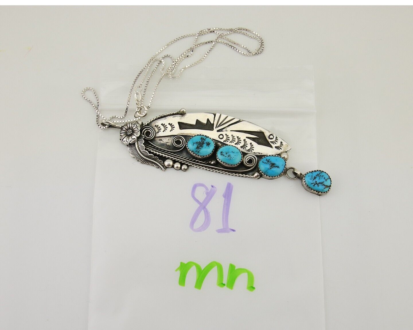 Navajo Necklace 925 Silver Natural Turquoise Artist Signed T C.80's