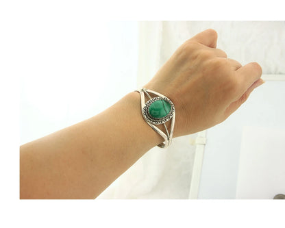 Navajo Cuff Bracelet Sterling Silver Natural Malachite Native American Artist