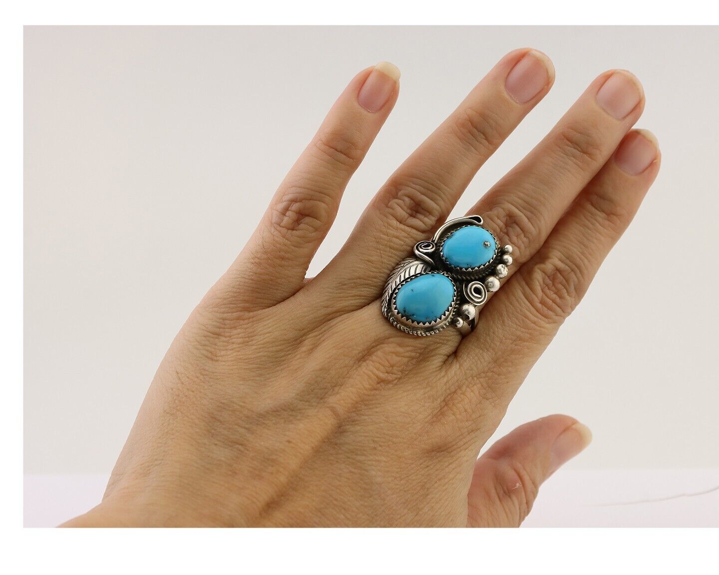 Navajo Handmade Ring 925 Silver Natural Tuquoise Artist Signed JM C.80's