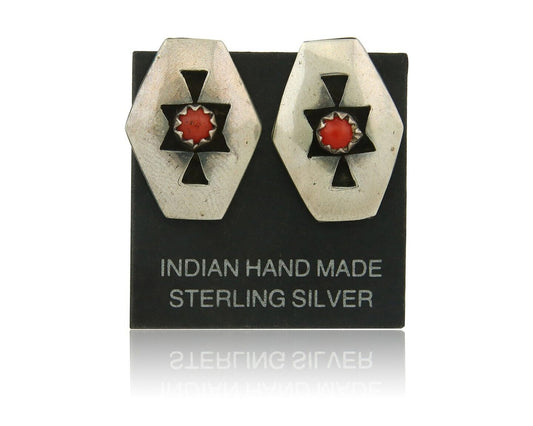 Navajo Earrings 925 Silver Natural Coral Native American Artist C.80's