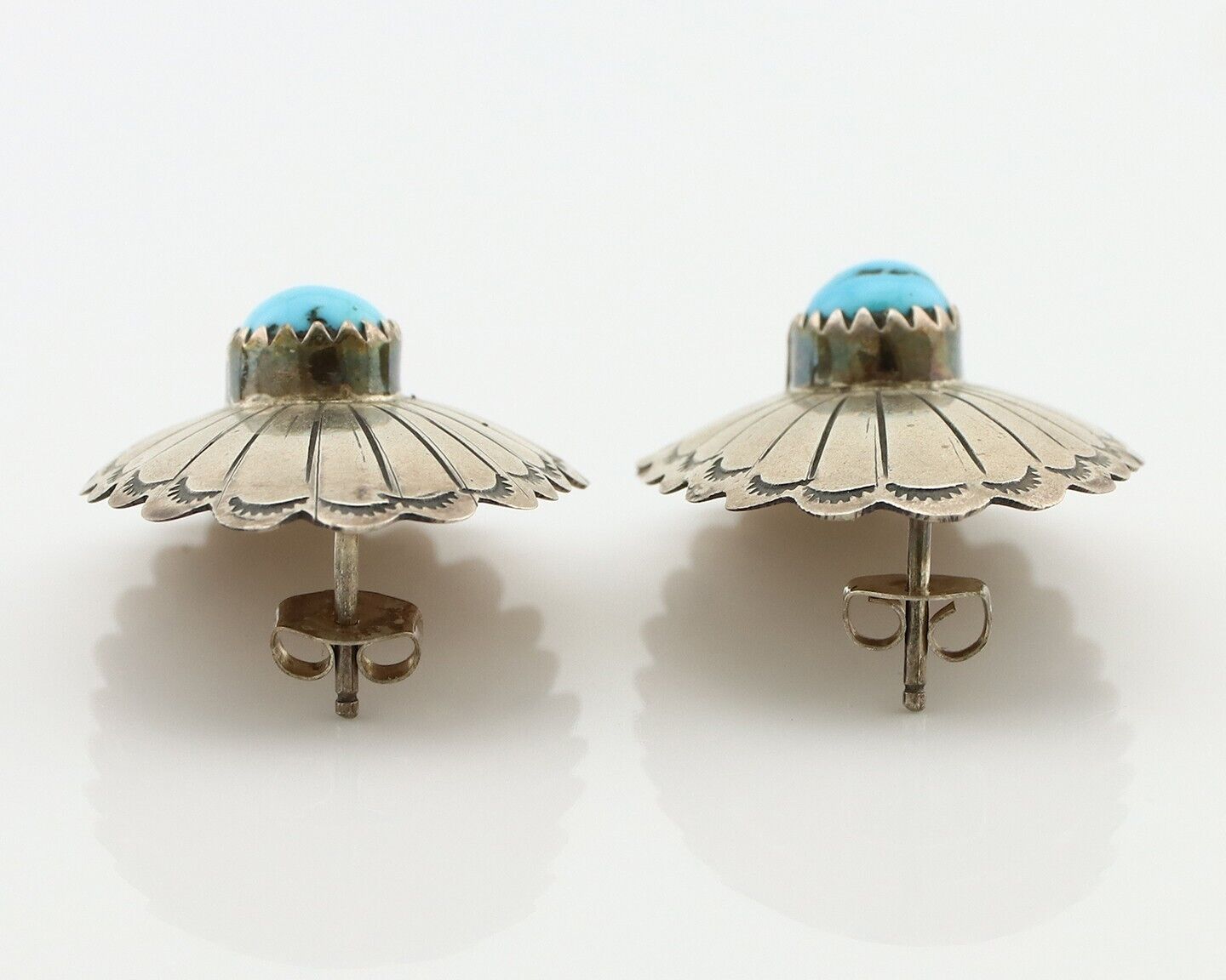 Navajo Hand Stamped Earrings 925 Silver Turquoise Native Artist C.80s