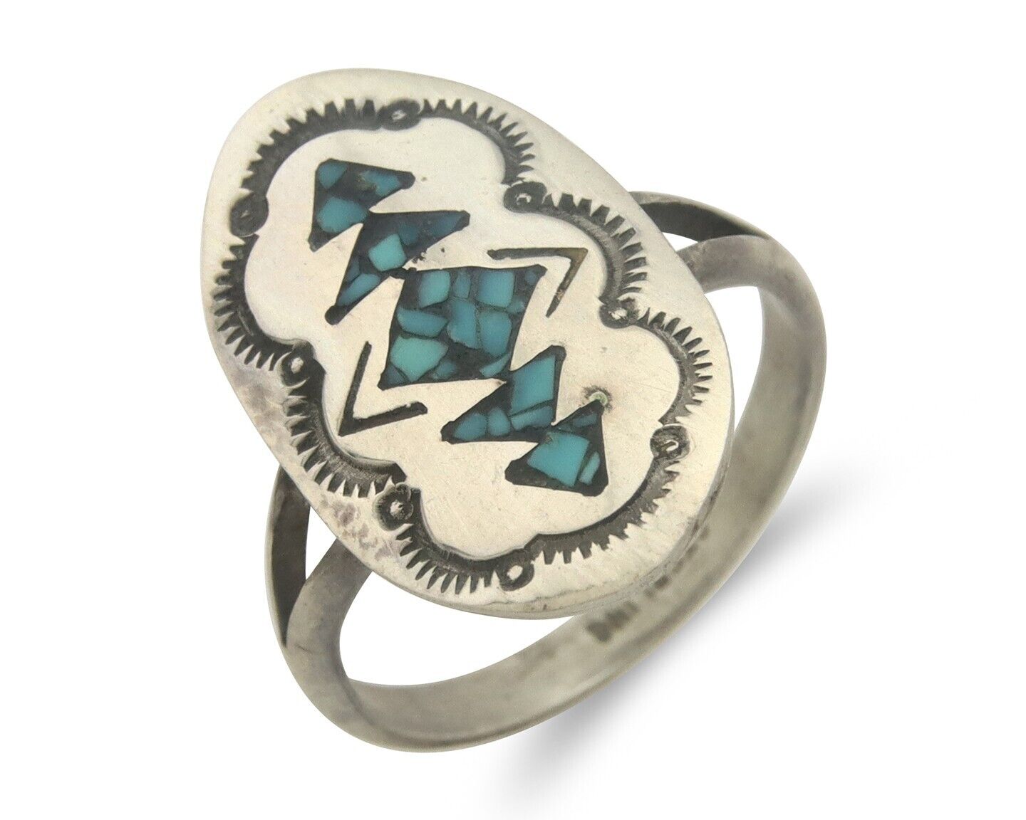 Navajo Ring 925 Sterling Natural Chip Inlay Coral & Turquoise C.80's Size 7.5