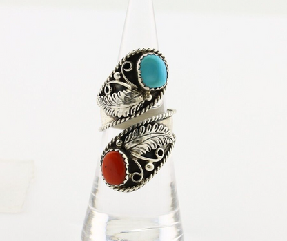 Navajo Adjustable Ring 925 Silver Turquiose & Coral Artist Signed R C.80's