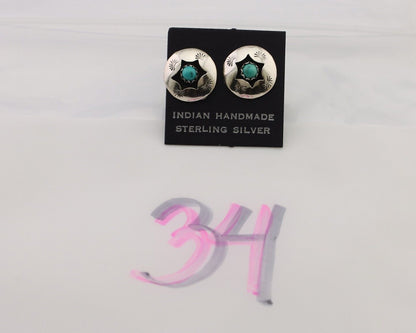Navajo Handmade Earrings 925 Silver Natural Turquoise Native Artist C.80's