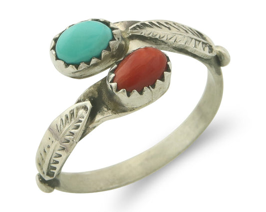 Vintage Navajo Band 925 Sterling Turquoise & Coral Native Artist Size 8.5
