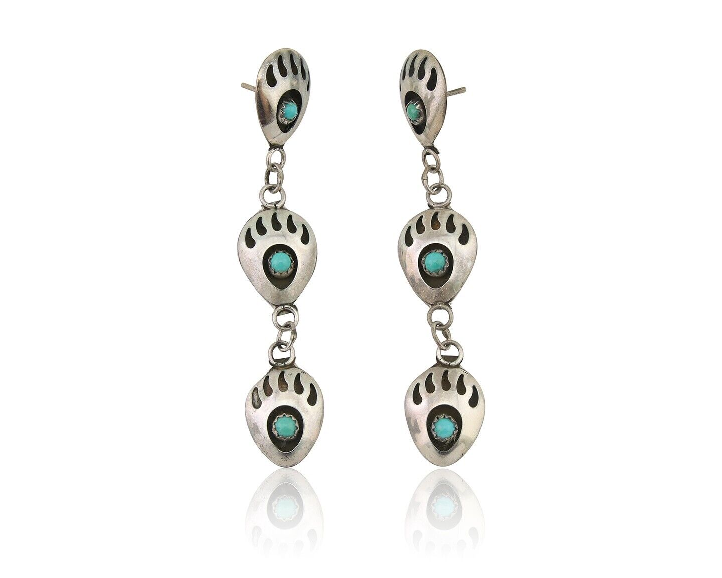 Navajo Paw Earrings 925 Silver Kingman Turquoise Native American Artist C.80's