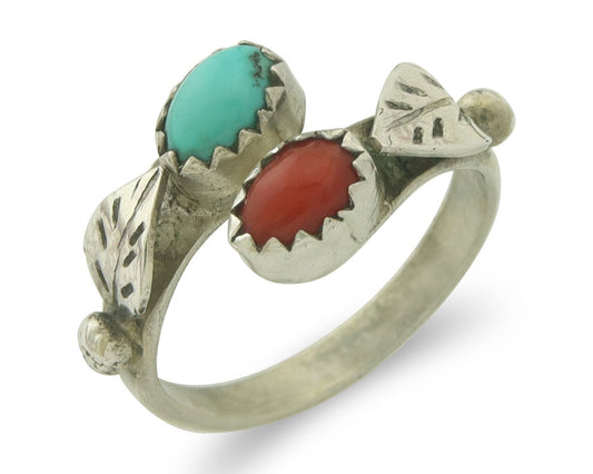 Vintage Navajo Ring 925 Sterling Turquoise & Coral Native Artist Size Size 5
