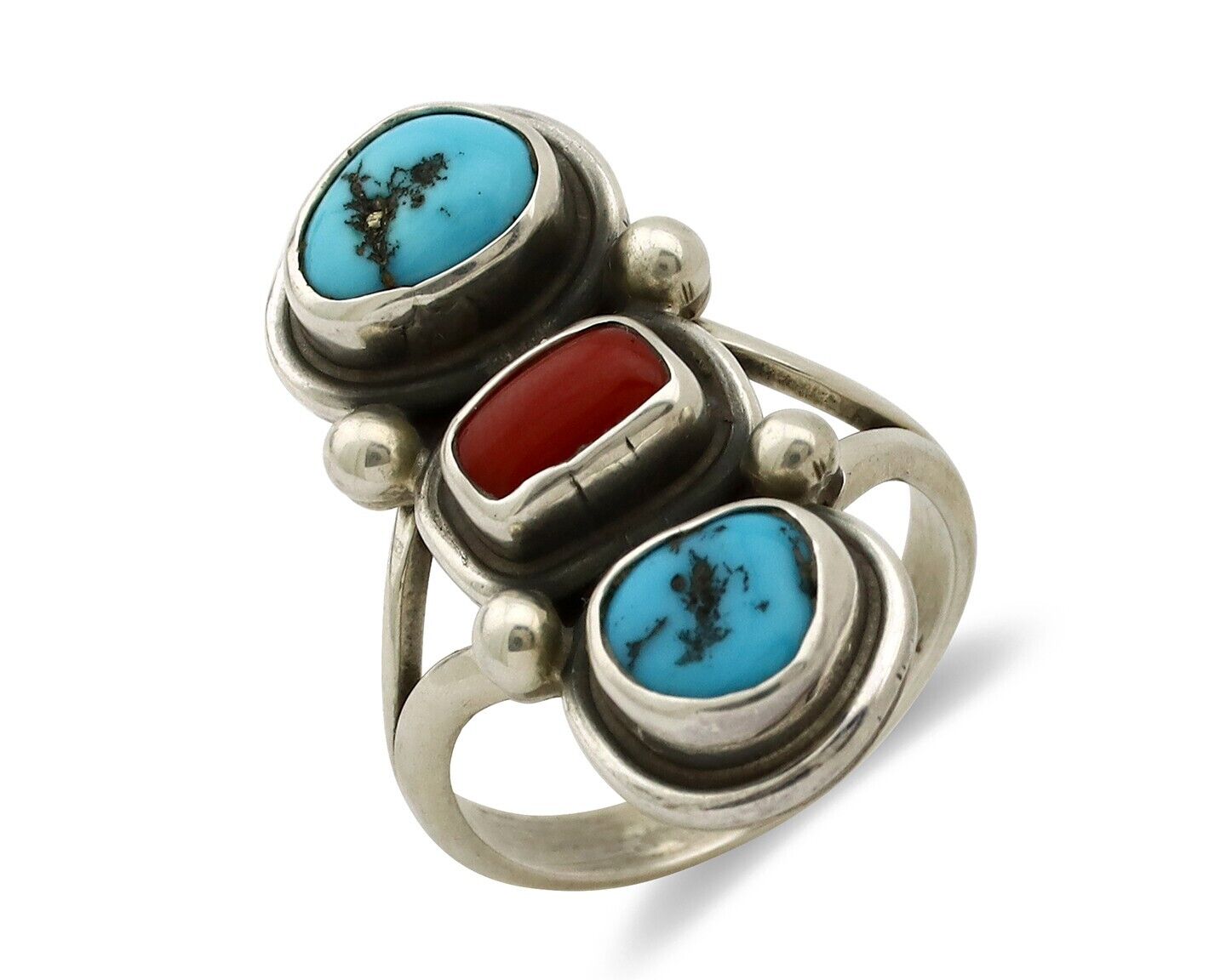 Navajo Ring 925 Silver Sleeping B Turquoise & Coral Native American Artist C.80s