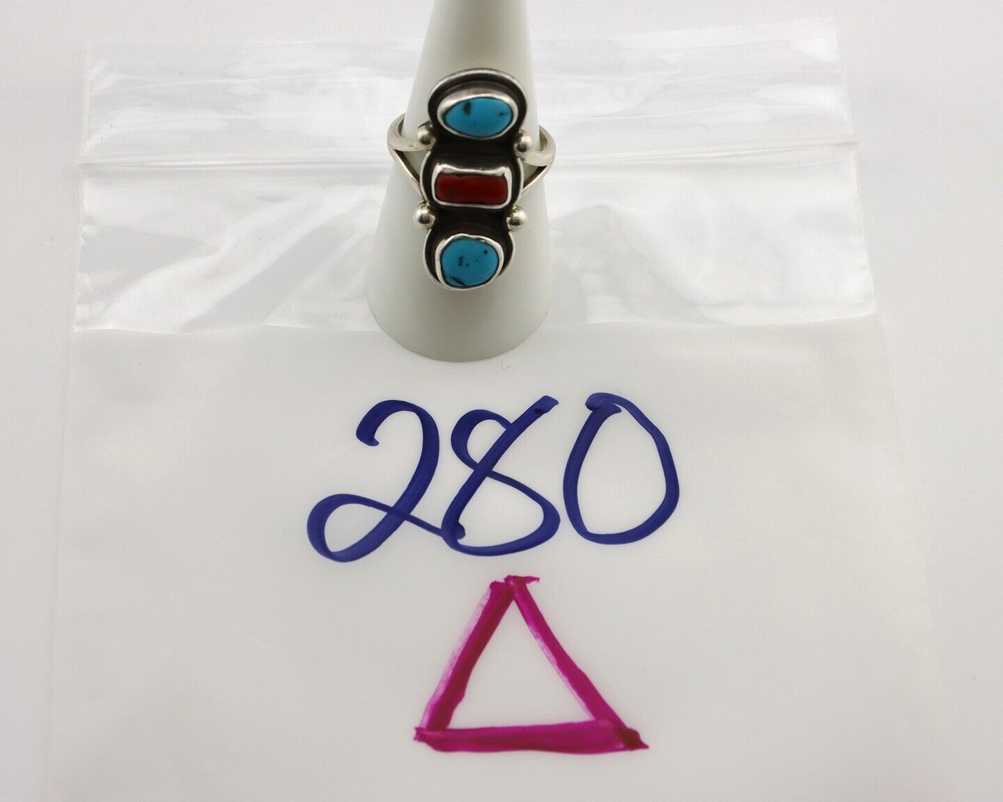 Navajo Ring 925 Silver Sleeping B Turquoise & Coral Native American Artist C.80s