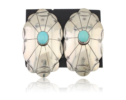 Navajo Hand Stamped Shield Earrings 925 Silver Turquoise Native Artist C.80's