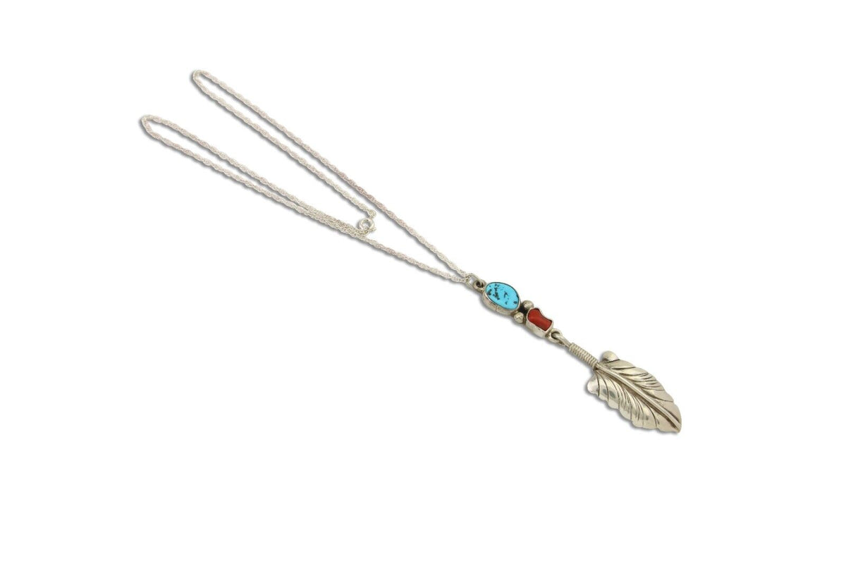 Navajo Feather Necklace 925 Silver Coral & Turquoise Signed M Montoya C.80's