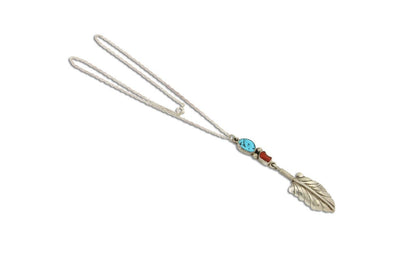 Navajo Feather Necklace 925 Silver Coral & Turquoise Signed M Montoya C.80's
