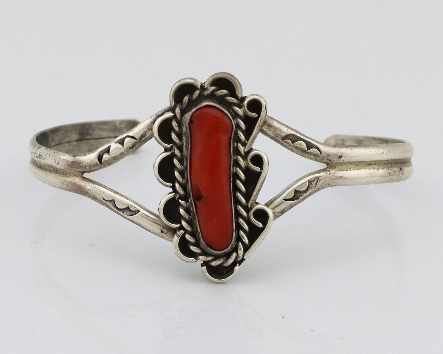 Navajo Bracelet 925 Silver Natural Red Coral Artist Signed L Begay C.80's