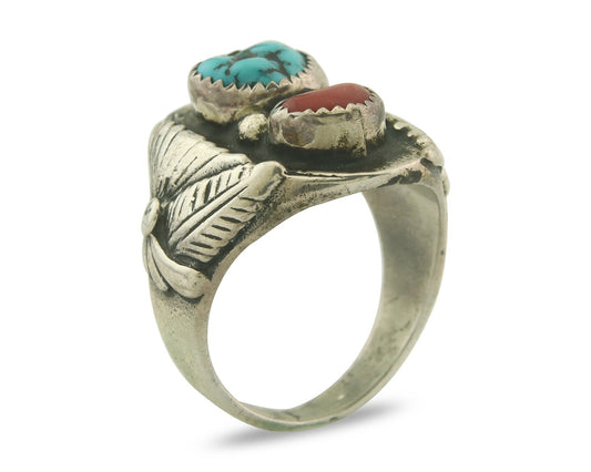 Men Vintage Navajo Ring 925 Sterling Turquoise & Coral Native Artist Size 12.5