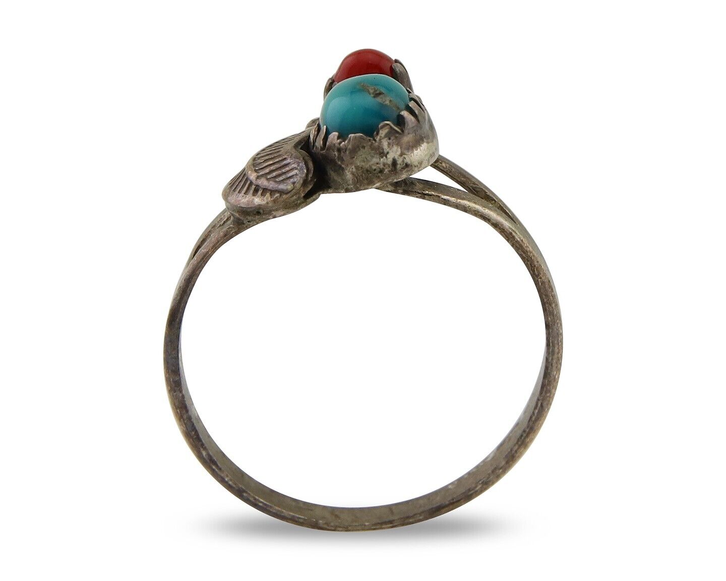 Navajo Handmade Ring 925 Silver Turquoise & Coral Native Artist C.80's