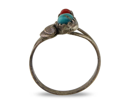 Navajo Handmade Ring 925 Silver Turquoise & Coral Native Artist C.80's