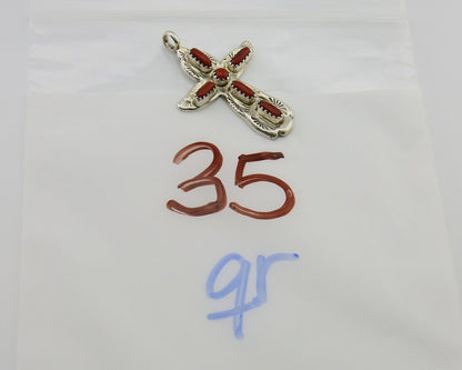 Zuni Cross Pendant 925 Silver Mediterranean Coral Signed W Iule C.80s