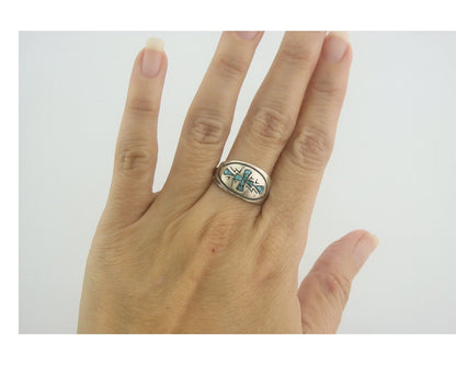 Navajo Ring 925 Sterling Natural Chip Inlay Blue Turquoise C.80's Size 9.0