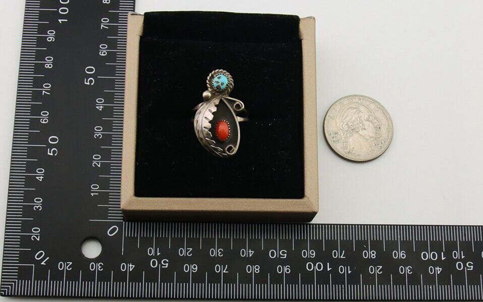 Navajo Handmade Ring 925 Silver Turquoise & Coral Native Artist C.80's