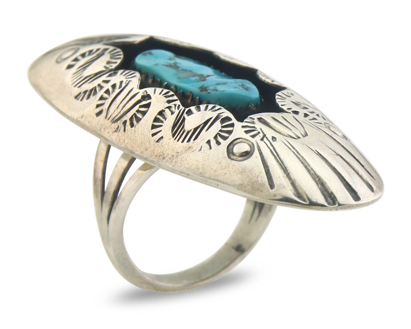 Navajo Ring 925 Sterling Turquoise Hand Stamped Signed J Martinez C.80's Sz 6.75