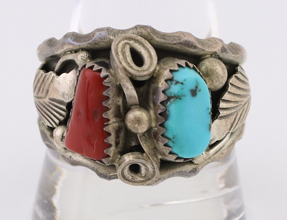 Navajo Ring 925 Silver Coral Turquoise Artist Signed Max Calabaza C.80's