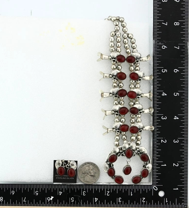Navajo Squash Necklace Earring Set Sterling Silver Natural Carnelian Vintage C80