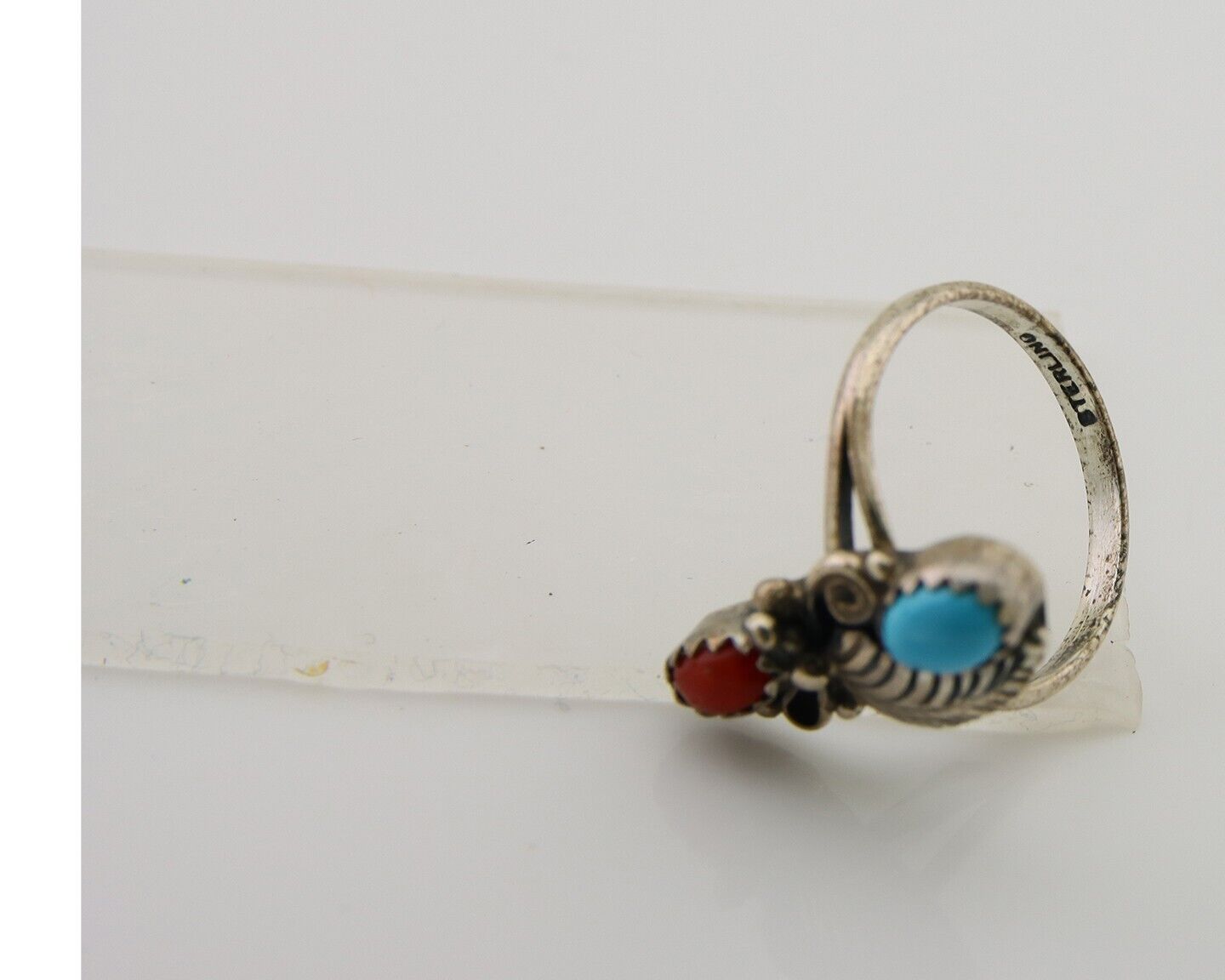Navajo Handmade Ring 925 Silver Turquoise & Coral Native Artist C.80's