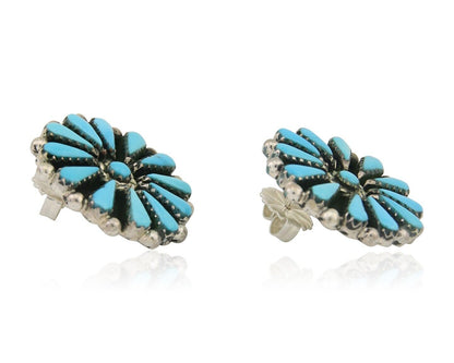 Navajo Petit Point Earrings 925 Silver Turquoise Signed Benson Yazzie C.80's
