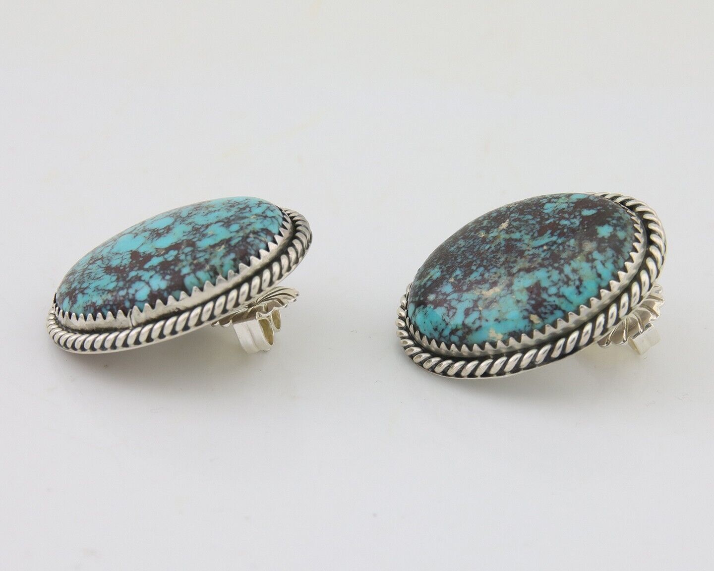 Navajo Earrings 925 Silver Blue Diamond Turquoise Signed Running Bear C.80's
