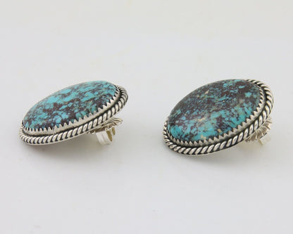 Navajo Earrings 925 Silver Blue Diamond Turquoise Signed Running Bear C.80's