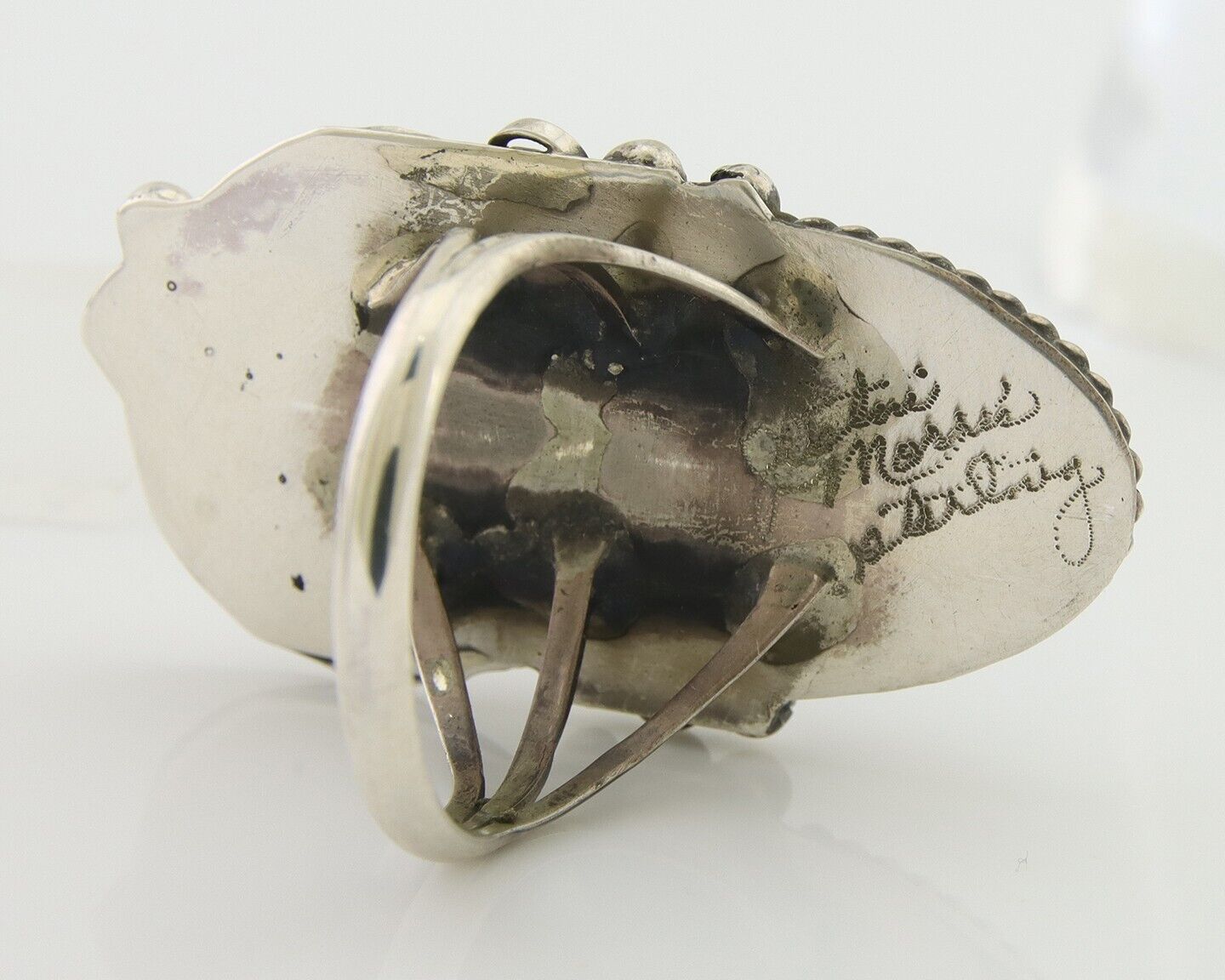 Navajo Handmade Ring 925 Silver Black Onyx Artist Signed Justin Morris C.80's